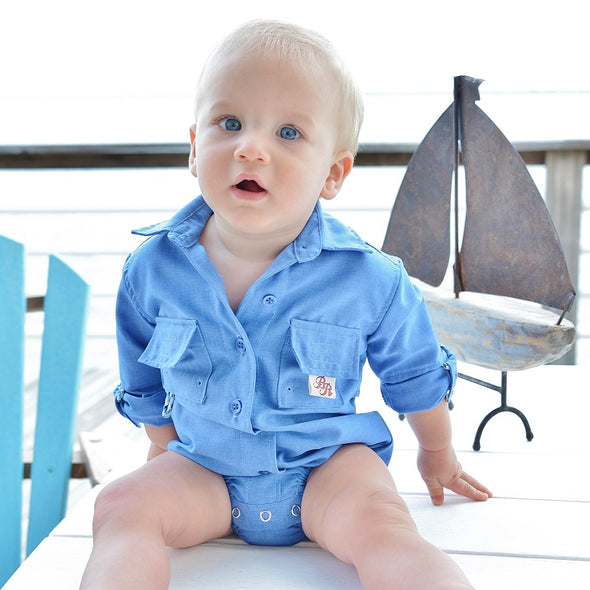 Bullred onesie baby boy fishing shirt blue color