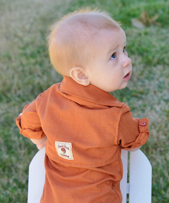 Bullred onesie baby fishing shirt rust orange color