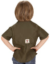 Boy in army green authentic fisherman's shirt