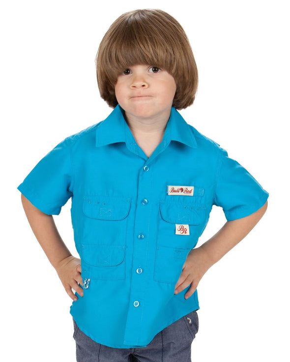 Boy in blue authentic fisherman's shirt